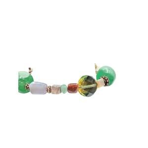 Vintage Green Glass & Crystal Agate Goldstone MOP Bead Silver Tone Bracelet